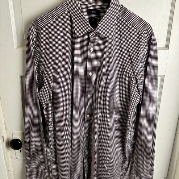 Boss Other - Hugo Boss Performance Regular Fit Dress Shirt – Burgundy Micro-Check Pattern